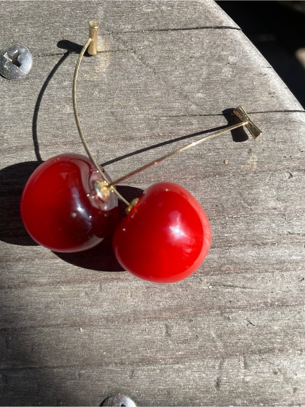 Cherry Drop Statement Earrings - Red Lucite with Gold Stems